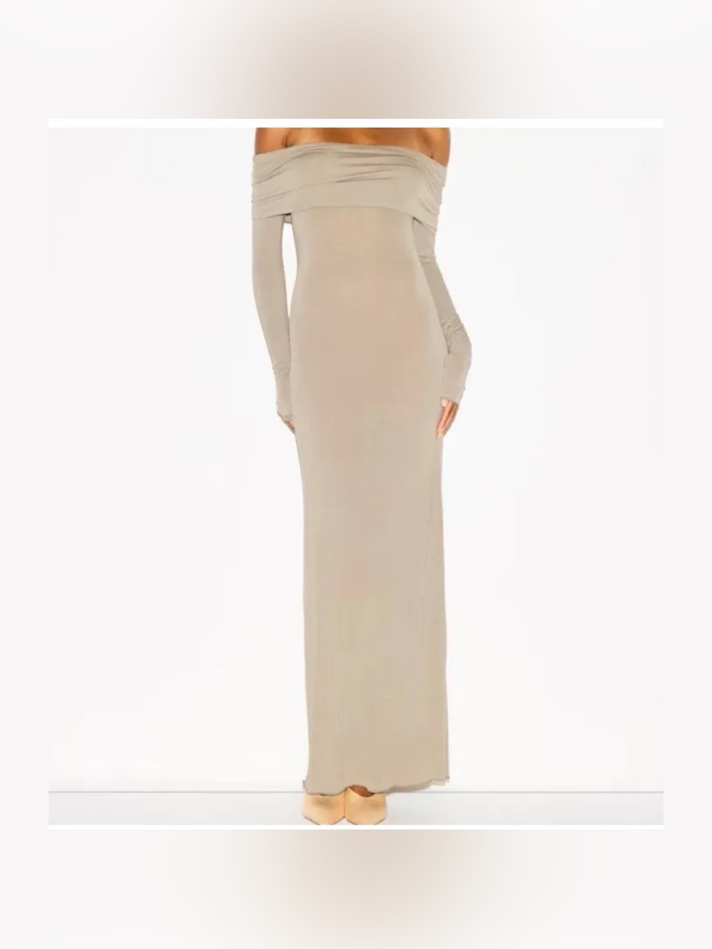SKIMS Off Shoulder Long Sleeve Maxi Dress Cold Beige Size M NWOT